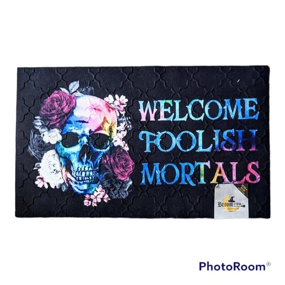 Welcome Foolish Mortals Gothic Halloween Doormat Indoor Entrance Mat Skull Rose - Picture 1 of 9